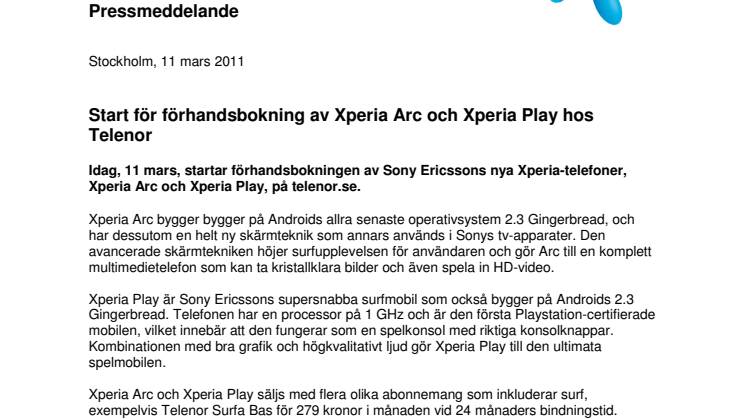 Start för förhandsbokning av Xperia Arc och Xperia Play hos Telenor