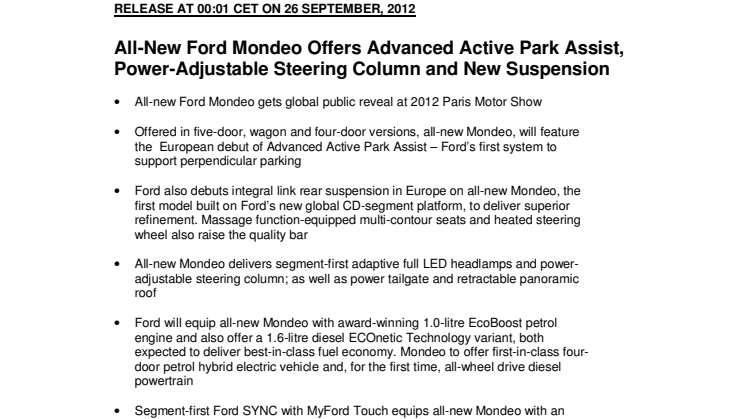 All-New Ford Mondeo Offers Advanced Active Park Assist, Power-Adjustable Steering Column and New Suspension