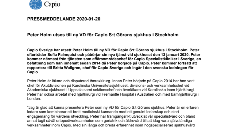​Peter Holm utses till ny VD för Capio S:t Görans sjukhus i Stockholm