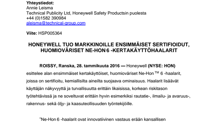 Honeywell tuo markkinoille ensimmäiset sertifioidut, huomioväriset Ne-Hon 6 -kertakäyttöhaalarit