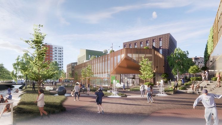 Visionsskiss från Lasarettsboulevardens förlängning och kanalen. Bild: Sesam arkitekter/Boulevardfastigheter