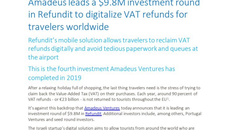 Amadeus investerer i Refundit – for enklere momsrefusjon for reisende 