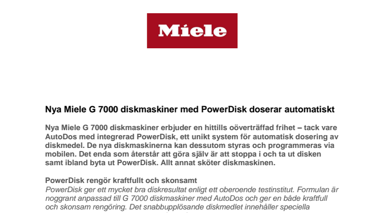 Nya Miele G 7000 diskmaskiner med PowerDisk doserar automatiskt