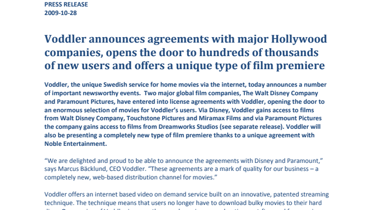 Voddler announces agreements with major Hollywood companies, opens the door to hundreds of thousands of new users and offers a unique type of film premiere
