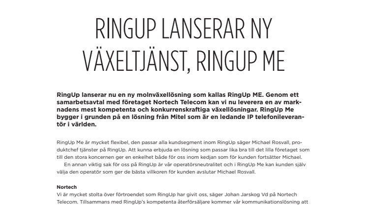 RingUp lanserar ny växeltjänst, RingUp ME
