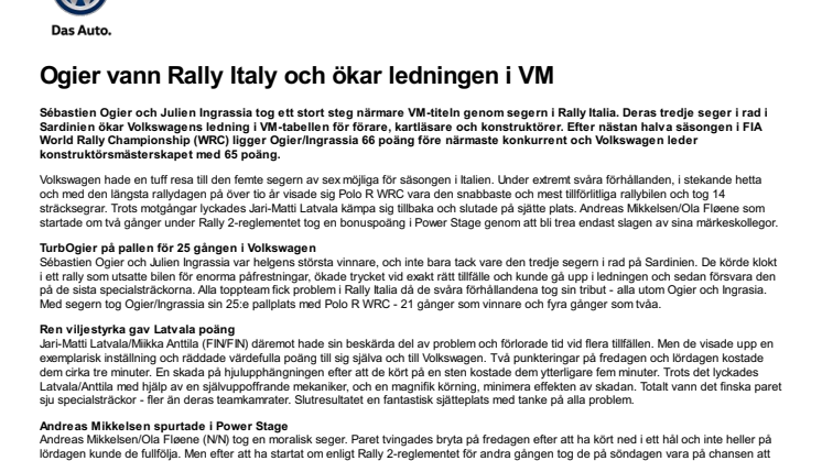 Ogier vann Rally Italy och ökar ledningen i VM