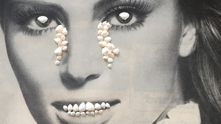 Lotta Antonsson, ”Seashell tears”, 2018, unikt handgjort collage; Vogue Magazine 1967 med snäckor. Foto: Lotta Antonsson