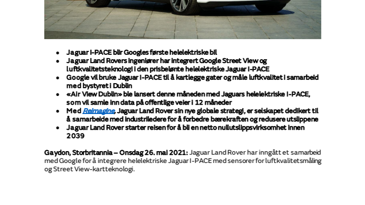 Jaguar Land Rover og Google måler luftkvaliteten i Dublin med helelektrisk Jaguar I-PACE