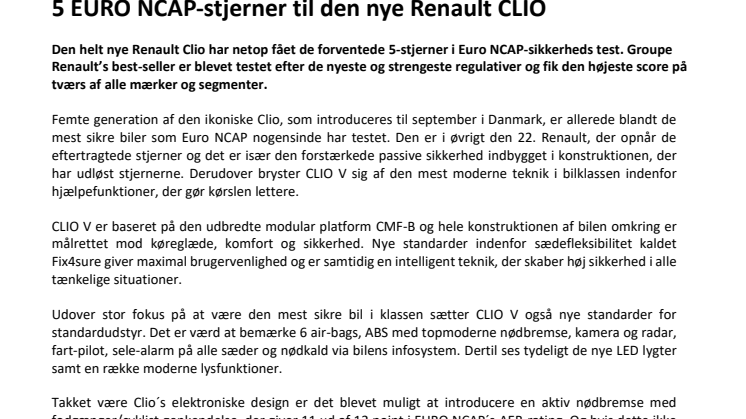 5 EURO NCAP-stjerner til den nye Renault CLIO