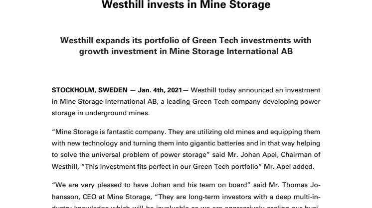 Westhill invests in Mine Storage