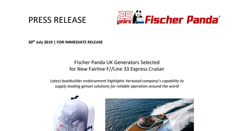 Fischer Panda UK Generators Selected for New Fairline F//Line 33 Express Cruiser