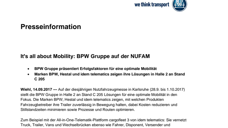 It's all about Mobility: BPW Gruppe auf der NUFAM