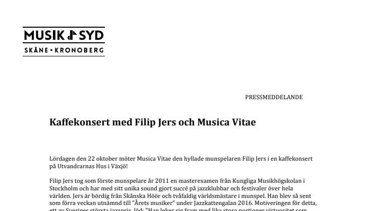 Kaffekonsert med  Filip Jers och Musica Vitae