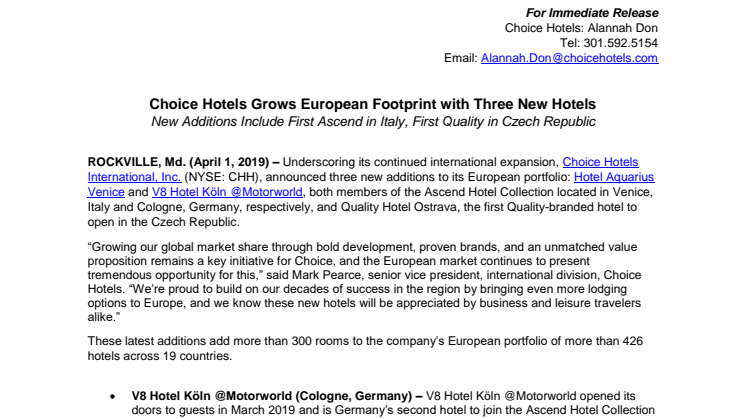 Choice Hotels Grows European Footprint with Three New Hotels