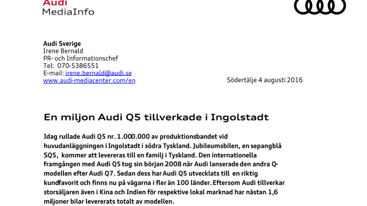 En miljon Audi Q5 tillverkade i Ingolstadt