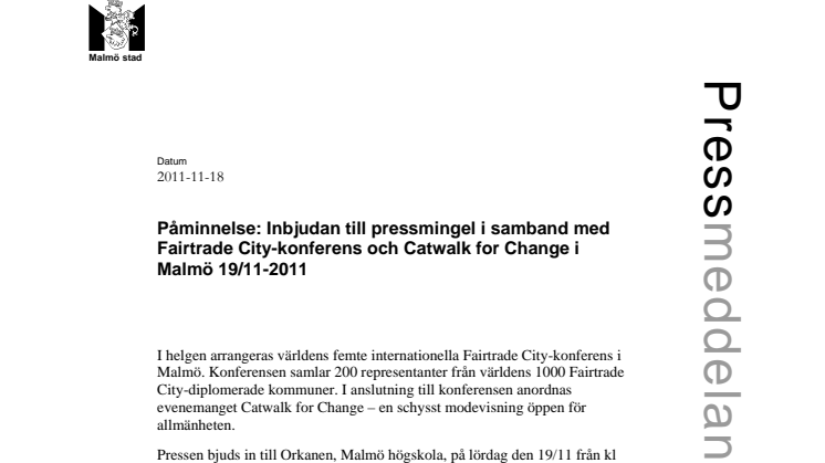 Påminnelse: Pressmingel 19/11 i samband med Catwalk for Change och internationell Fairtrade City-konferens i Malmö