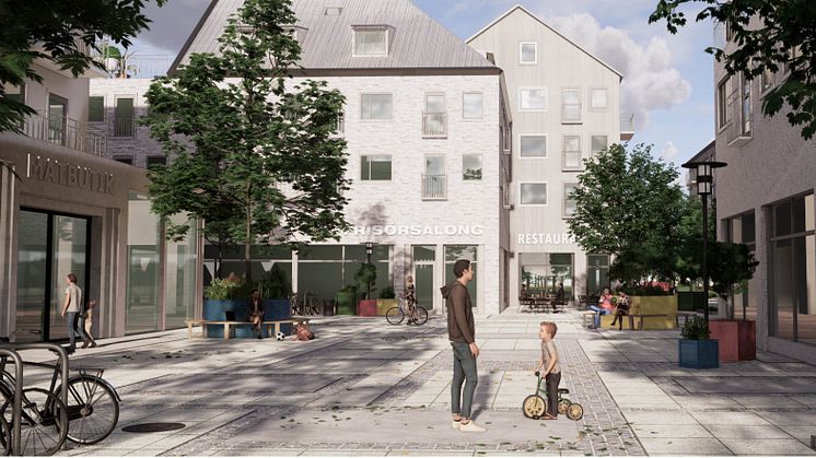 Framtidens Lödde centrum: En traditionell stadsmiljö med bostäder, handel och service, nya gågator och ett mindre torg. Förslaget möjliggöra även en koppling från området mot Folkets park i öster.