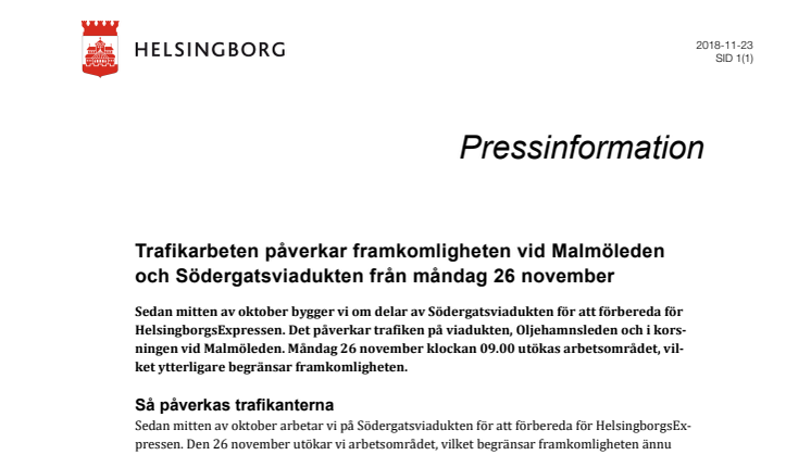 Trafikarbeten påverkar framkomligheten vid Malmöleden och Södergatsviadukten från måndag 26 november