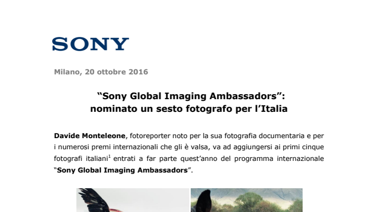“Sony Global Imaging Ambassadors”:  nominato un sesto fotografo per l’Italia 