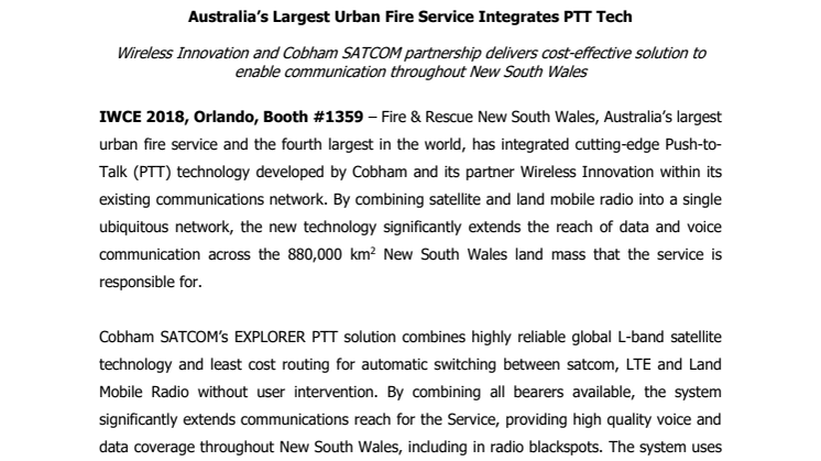 Cobham SATCOM - IWCE 2018: Australia’s Largest Urban Fire Service Integrates PTT Tech 