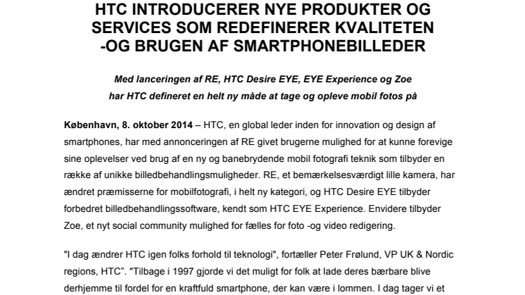 HTC INTRODUSERER NYE PRODUKTER OG TJENESTER SOM REDEFINERER KVALITETEN -OG BRUKEN AV SMARTTELEFON-BILDER