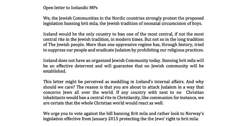 JOINT STATEMENT BY NORDIC JEWISH COMMUNITIES CONCERNING PROPOSED ANTI-CIRCUMCISION LEGISLATION IN ICELAND