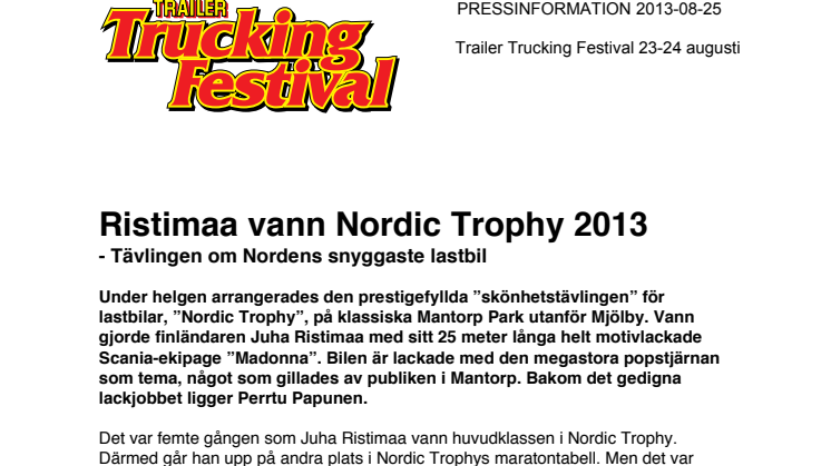 Ristimaa vann Nordic Trophy 2013 - Tävlingen om Nordens snyggaste lastbil