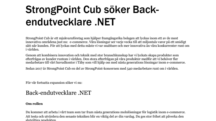 StrongPoint Cub söker Back-endutvecklare .NET