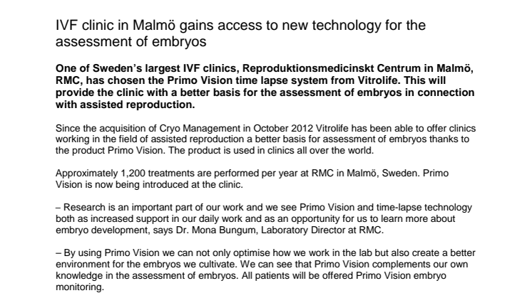 IVF clinic in Malmö gains access to new technology for the assessment of embryos