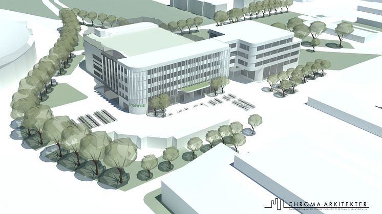 Visionsbild av ny den nya sporthallen och skolan, vy från sydväst. Illustration: Chroma arkitekter