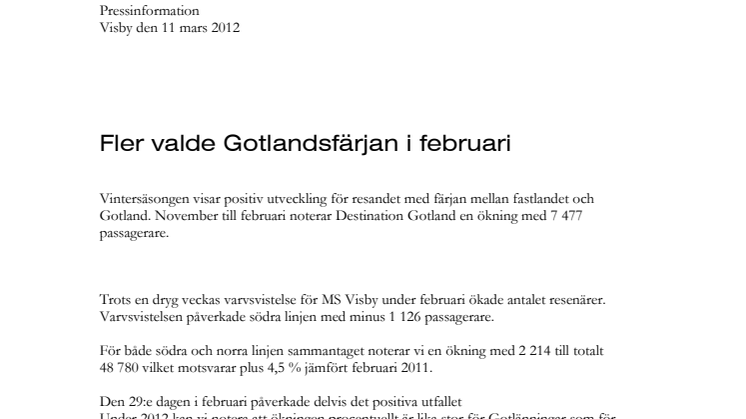 Fler valde Gotlandsfärjan i februari