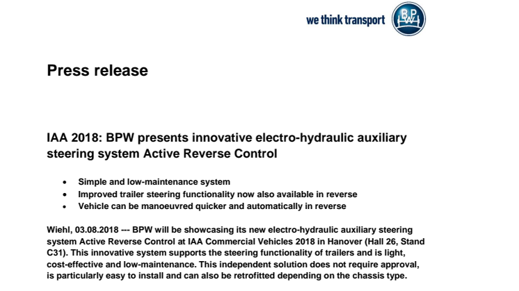 IAA 2018: BPW presents innovative electro-hydraulic auxiliary steering system Active Reverse Control
