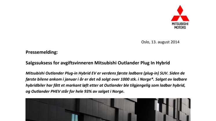 Salgssuksess for avgiftsvinneren Mitsubishi Outlander Plug-In Hybrid