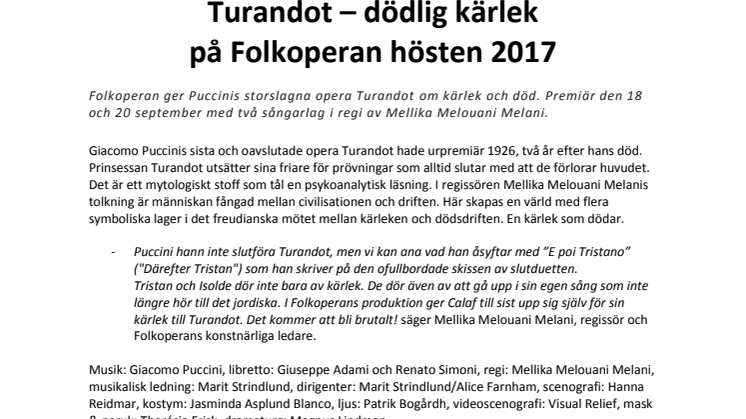 ​Turandot – dödlig kärlek på Folkoperan hösten 2017