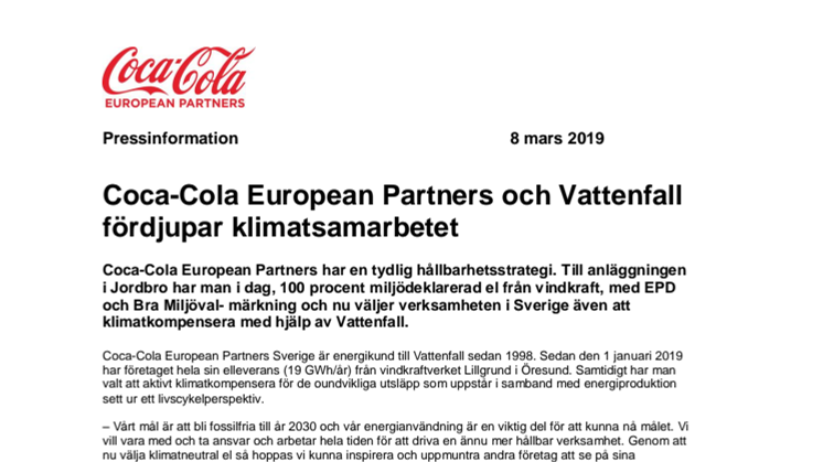Coca-Cola European Partners och Vattenfall fördjupar klimatsamarbetet