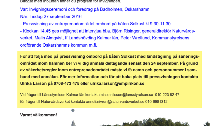 Pressinbjudan invigning 27 september,  sanering  Oskarshamns hamnbassäng