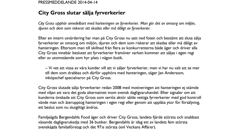 City Gross slutar sälja fyrverkerier