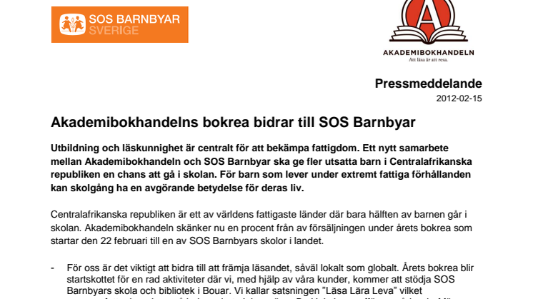 Akademibokhandelns bokrea bidrar till SOS Barnbyar