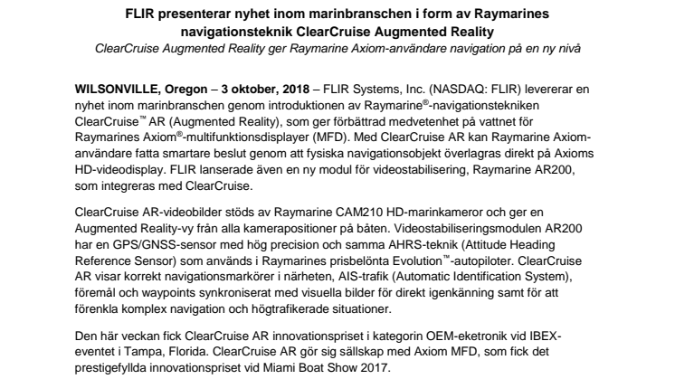 Raymarine: FLIR presenterar nyhet inom marinbranschen i form av Raymarines navigationsteknik ClearCruise Augmented Reality