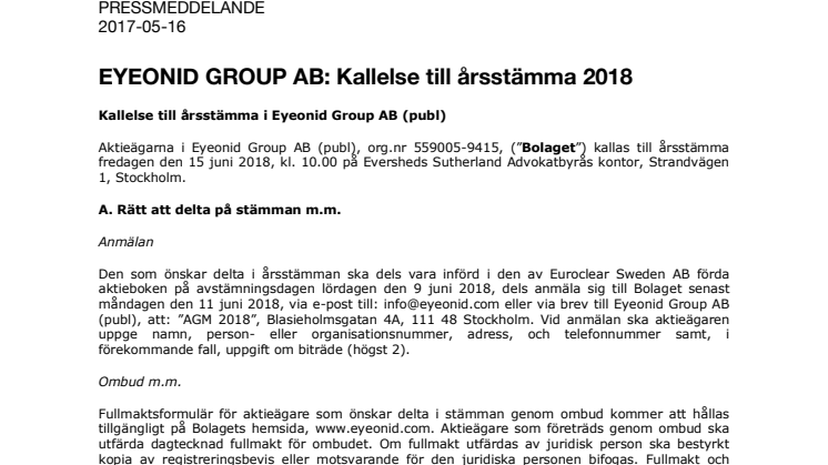 EYEONID GROUP AB: Kallelse till årsstämma 2018
