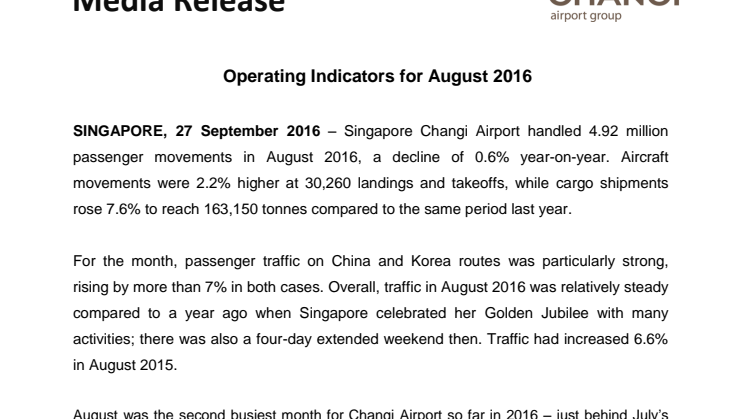 Operating Indicators for August 2016