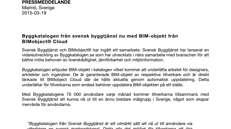 Byggkatalogen från svensk byggtjänst nu med BIM-objekt från BIMobject® Cloud
