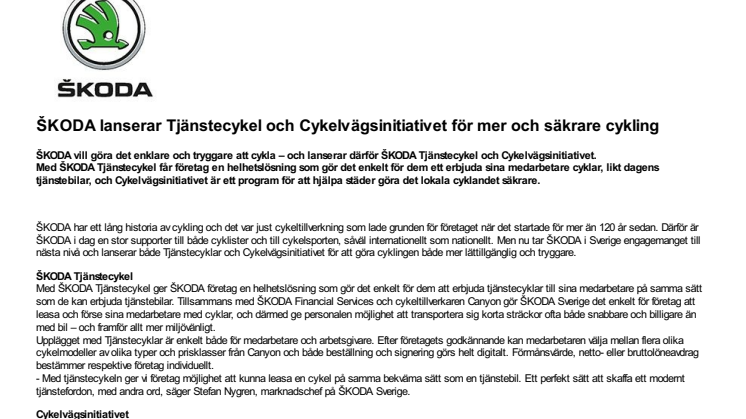 ŠKODA lanserar Tjänstecykel och Cykelvägsinitiativet för mer och säkrare cykling