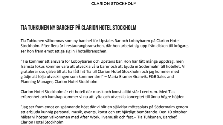 Tia Tuhkunen ny barchef på Clarion Hotel Stockholm