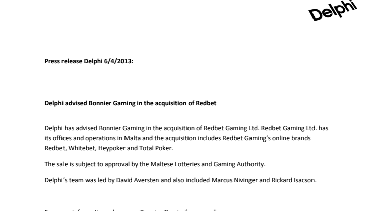 Delphi advised Bonnier Gaming in the acquisition of Redbet