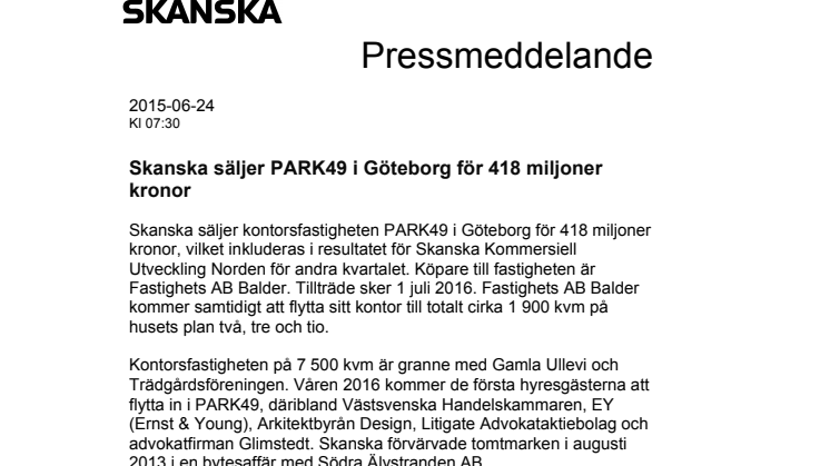 Skanska säljer PARK49 i Göteborg för 418 miljoner kronor