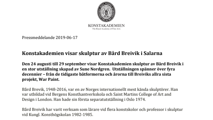 Konstakademien visar skulptur av Bård Breivik i Salarna