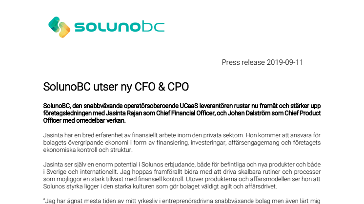 Soluno utser ny CFO och CPO