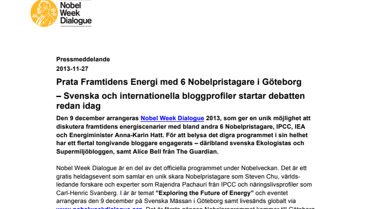 Prata Framtidens Energi med 6 Nobelpristagare i Göteborg  – Svenska och internationella bloggprofiler startar debatten redan idag
