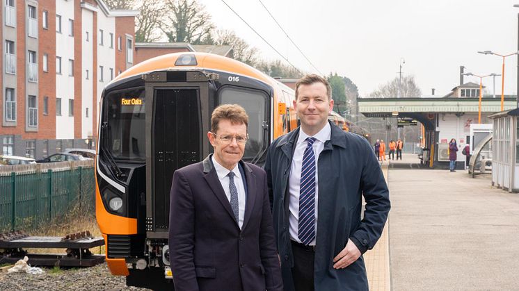 Mayor of the West Midlands Andy Street and West Midlands Railway managing director Ian McConnell with a Class 730 train at Four Oaks